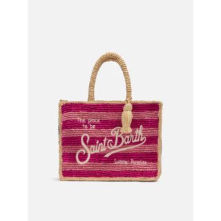 Borsa saint barth Colette in rafia a righe multicolore con logo ricamato
