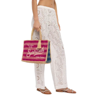 Borsa saint barth Colette in rafia a righe multicolore con logo ricamato