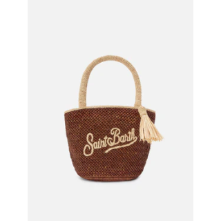 Borsa saint barth Marcy in raffia marrone con nappetta e logo ricamato